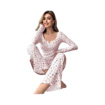 Conjunto De Pijama Feminino Floral De Manga Longa Com Decote Em V Em Algodão Canelado Para Outono E Conjunto De Pijama Feminino Floral De Manga Longa Com Decote Em V Em Algodão Canelado Para Outono E