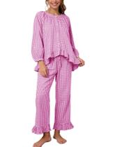 Conjunto de pijama feminino Flygo de algodão xadrez com babados Babydoll Rose