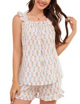 Conjunto de pijama feminino Flygo, floral de verão, 2 peças de algodão laranja