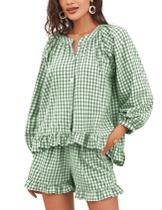 Conjunto de pijama feminino Flygo Gingham, 2 peças de algodão verde Conjunto de pijama feminino Flygo Gingham, 2 peças de algodão verde