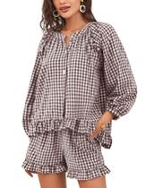 Conjunto de pijama feminino Flygo Gingham, 2 peças de café 100% algodão