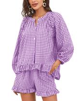 Conjunto de pijama feminino Flygo Gingham, 2 peças, roxo, 100% algodão Conjunto de pijama feminino Flygo Gingham, 2 peças, roxo, 100% algodão