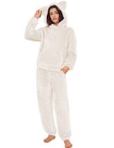 Conjunto de pijama feminino Flygo, lã fofa, roupa esportiva, orelha de urso