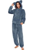 Conjunto de pijama feminino Flygo, roupa esportiva, de lã, urso, azul marinho