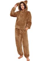 Conjunto de pijama feminino Flygo, roupa esportiva, urso, capuz, marrom