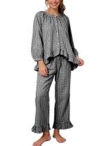 Conjunto de pijama feminino Flygo, xadrez, algodão, algodão, preto, tamanho XS