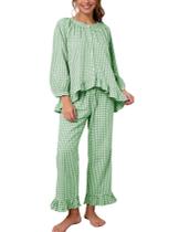 Conjunto de pijama feminino Flygo xadrez de algodão guingão com babados verdes Conjunto de pijama feminino Flygo xadrez de algodão guingão com babados verdes
