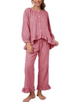 Conjunto de pijama feminino Flygo xadrez de algodão vermelho com babado