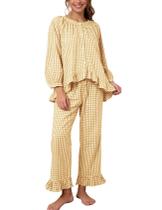 Conjunto de pijama feminino Flygo, xadrez, guingão, algodão, amarelo, tamanho GG