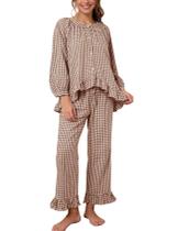 Conjunto de pijama feminino Flygo, xadrez, guingão, algodão, marrom (XS)