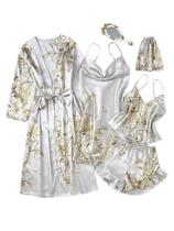 Conjunto de pijama feminino GORGLITTER com estampa floral, cetim, 5 peças