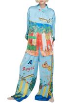 Conjunto de pijama feminino Kissonic com estampa de verão, manga comprida, azul claro