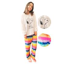 Conjunto de Pijama Feminino Pelúcia 2 Peças Calça e Blusa Snoopy Arco Iris Colorido