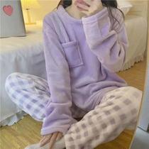 Conjunto De Pijama Feminino Quente De Plush Com Gola Redonda E Manga Longa, Estampa Fofa, Roupas Conjunto De Pijama Feminino Quente De Plush Com Gola Redonda E Manga Longa, Estampa Fofa, Roupas