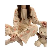 Conjunto De Pijama Feminino Quente De Urso Pêssego Em Veludo Coral, Duas Peças, Fofo E Grosso, Roupa