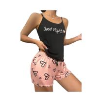 Conjunto De Pijama Feminino Rosa E Preto Com Estampa De Coração, Lindo, Elegante E Casual, Duas