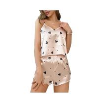 Conjunto De Pijama Feminino Sexy De Cetim Com Decote V E Estampa De Coração, Top Cami E Shorts, 2
