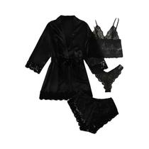 Conjunto De Pijama Feminino Sexy De Cetim De Seda Com Roupão De Banho De Lingerie De 4 Peças