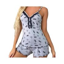 Conjunto De Pijama Feminino Sexy De Verão Com Decote Em V Profundo Sem Mangas Shorts De Dormir De