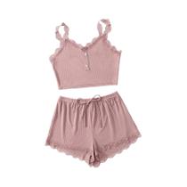 Conjunto De Pijama Feminino Slim Fit Com Renda, Duas Peças, Pijama Sexy Com Alças, Cor Sólida