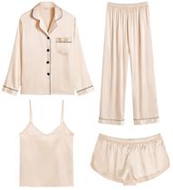 Conjunto de pijama feminino SWOMOG, cetim, 4 peças de shorts de cami de manga comprida Conjunto de pijama feminino SWOMOG, cetim, 4 peças de shorts de cami de manga comprida