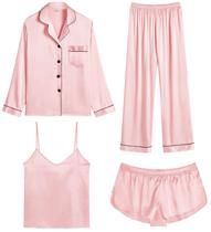 Conjunto de pijama feminino SWOMOG, cetim, 4 peças, rosa sakura, tamanho M