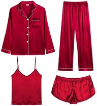 Conjunto de pijama feminino SWOMOG, cetim, 4 peças, vermelho escuro, tamanho M Conjunto de pijama feminino SWOMOG, cetim, 4 peças, vermelho escuro, tamanho M