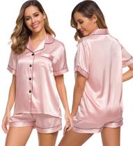 Conjunto de pijama feminino SWOMOG, manga curta, seda, cetim, rosa sakura