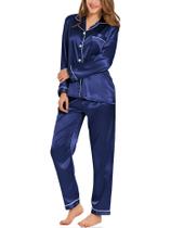 Conjunto de pijama feminino SWOMOG, seda, cetim, manga comprida, azul marinho