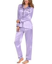 Conjunto de pijama feminino SWOMOG, seda, cetim, manga comprida, lavanda profunda Conjunto de pijama feminino SWOMOG, seda, cetim, manga comprida, lavanda profunda