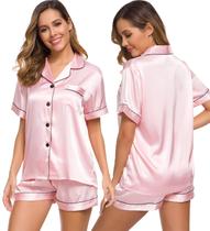 Conjunto de pijama feminino SWOMOG, seda, cetim, manga curta, rosa Conjunto de pijama feminino SWOMOG, seda, cetim, manga curta, rosa