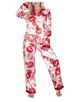 Conjunto de pijama feminino WDIRARA com estampa de laço, rosa acetinado, vermelho