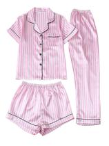 Conjunto de pijama feminino WDIRARA, de 3 peças, listrado, rosa acetinado, tamanho M Conjunto de pijama feminino WDIRARA, de 3 peças, listrado, rosa acetinado, tamanho M