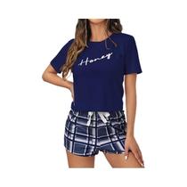 Conjunto de Pijama Feminino Xadrez com Monograma - Top de Manga Curta e Shorts