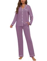 Conjunto de pijama feminino ZMJ com botões e manga comprida, lavanda, GG