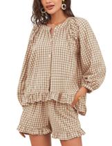Conjunto de pijama Flygo Gingham, 2 peças para mulheres, algodão marrom