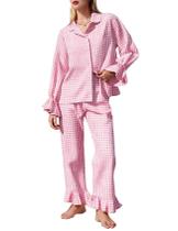 Conjunto de pijama Flygo Gingham de algodão xadrez de manga com babados rosa XS Conjunto de pijama Flygo Gingham de algodão xadrez de manga com babados rosa XS