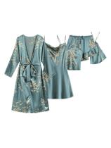 Conjunto de pijama GORGLITTER com estampa floral, cetim, 5 peças, verde, feminino Conjunto de pijama GORGLITTER com estampa floral, cetim, 5 peças, verde, feminino
