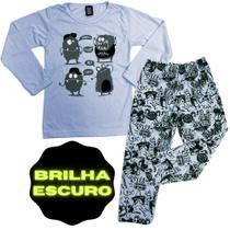 Conjunto de Pijama Infantil e Juvevil Masculino Azul Monstro Manga Longa que Brilha no Escuro