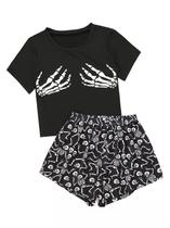 Conjunto de pijama Laqeyko Halloween Skeleton feminino de manga curta Conjunto de pijama Laqeyko Halloween Skeleton feminino de manga curta