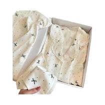 Conjunto De Pijama Longo Com Mangas Em Renda De Seda Gelada, Estilo Francês Chic Com Laço