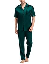 Conjunto de pijama masculino SWOMOG de cetim de manga curta com calças compridas verdes Conjunto de pijama masculino SWOMOG de cetim de manga curta com calças compridas verdes