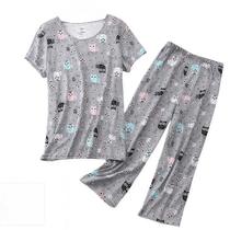 Conjunto de pijama Meow Meow, renda, algodão, manga curta, calça capri