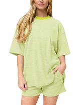 Conjunto de pijama OLAPTA, camiseta feminina listrada de tamanho grande, calças largas