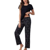 Conjunto de pijama PNAEONG Cotton Lounge para mulheres com bolso C preto
