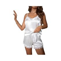 Conjunto De Pijama Sexy Branco Em Renda E Seda Para Mulheres, Top Com Alças Finas E Shorts Quentes,
