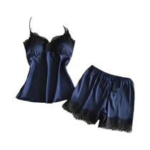 Conjunto De Pijama Sexy De Cetim Feminino Com Decote Em V, Camisola De Renda Com Laço E Shorts De Conjunto De Pijama Sexy De Cetim Feminino Com Decote Em V, Camisola De Renda Com Laço E Shorts De