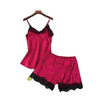 Conjunto De Pijama Sexy De Cetim Para Mulheres Com Decote Em V, Laço De Renda E Shorts De Dormir Conjunto De Pijama Sexy De Cetim Para Mulheres Com Decote Em V, Laço De Renda E Shorts De Dormir