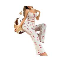 Conjunto De Pijama Sexy Feminino De 2 Peças Em Renda De Malha Com Top De Alças Estampado E Calças
