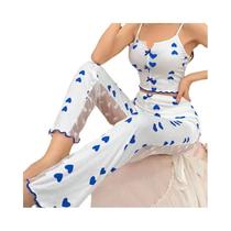 Conjunto De Pijama Sexy Feminino De 2 Peças Em Renda De Malha Com Top De Alças Estampado E Calças